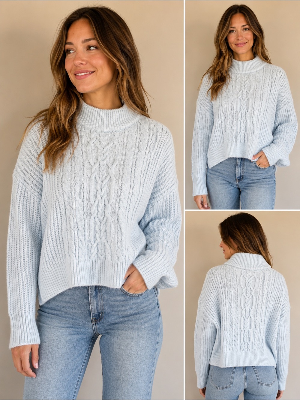 Abercrombie & Fitch Light Blue Cable Mock Neck Sweater